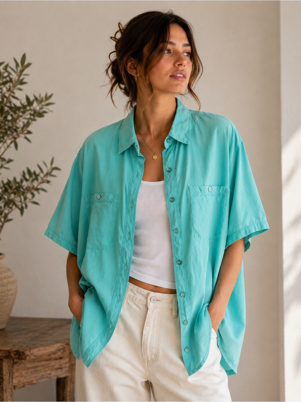 Vintage Karuba 100% Silk Turquoise Oversized Button Up Shirt M